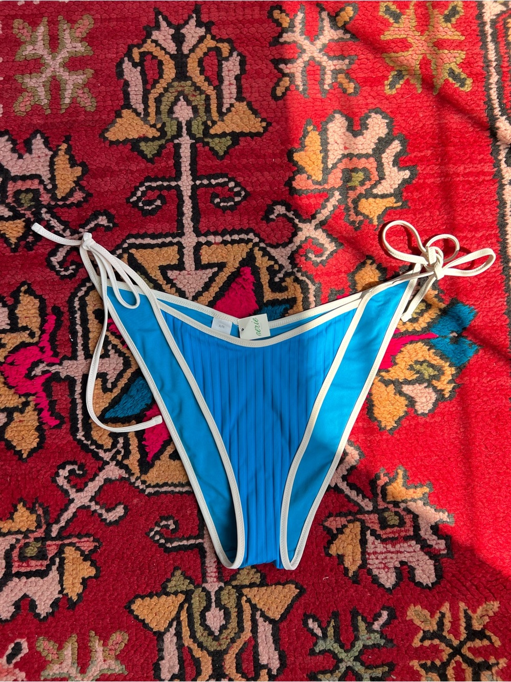 aerie Blue Ribbed Tie-Side Bikini Bottom with White Trim